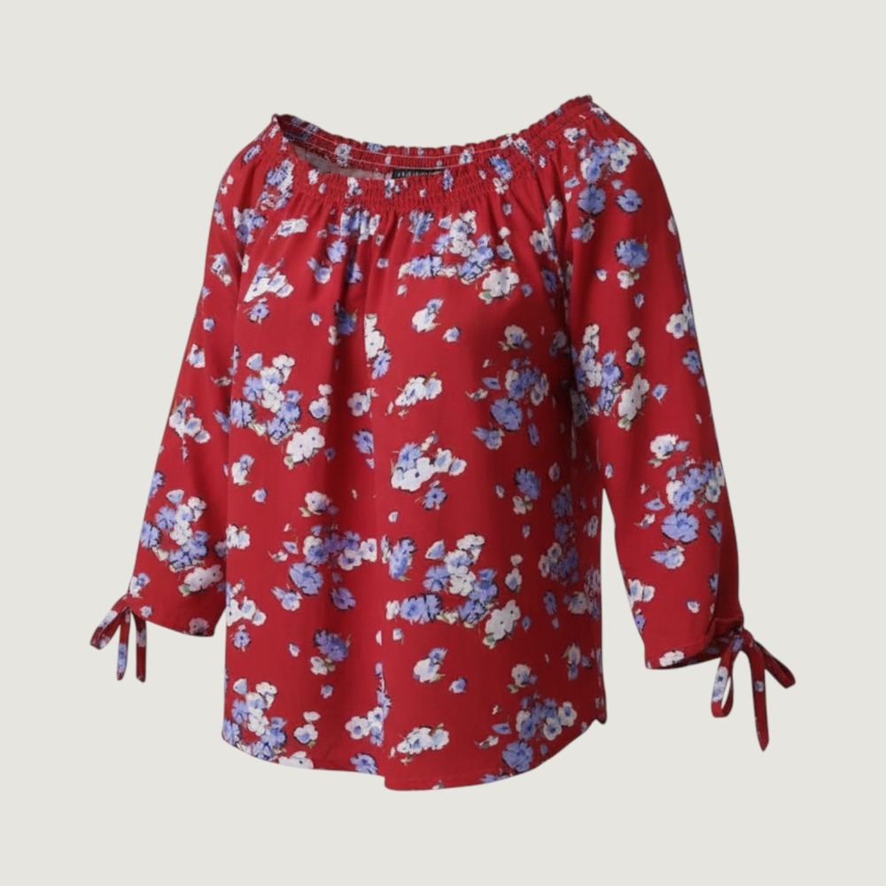 Lauren Ralph‎ Lauren Top Size L Red Cotton Floral Off Shoulder Preppy Peasant